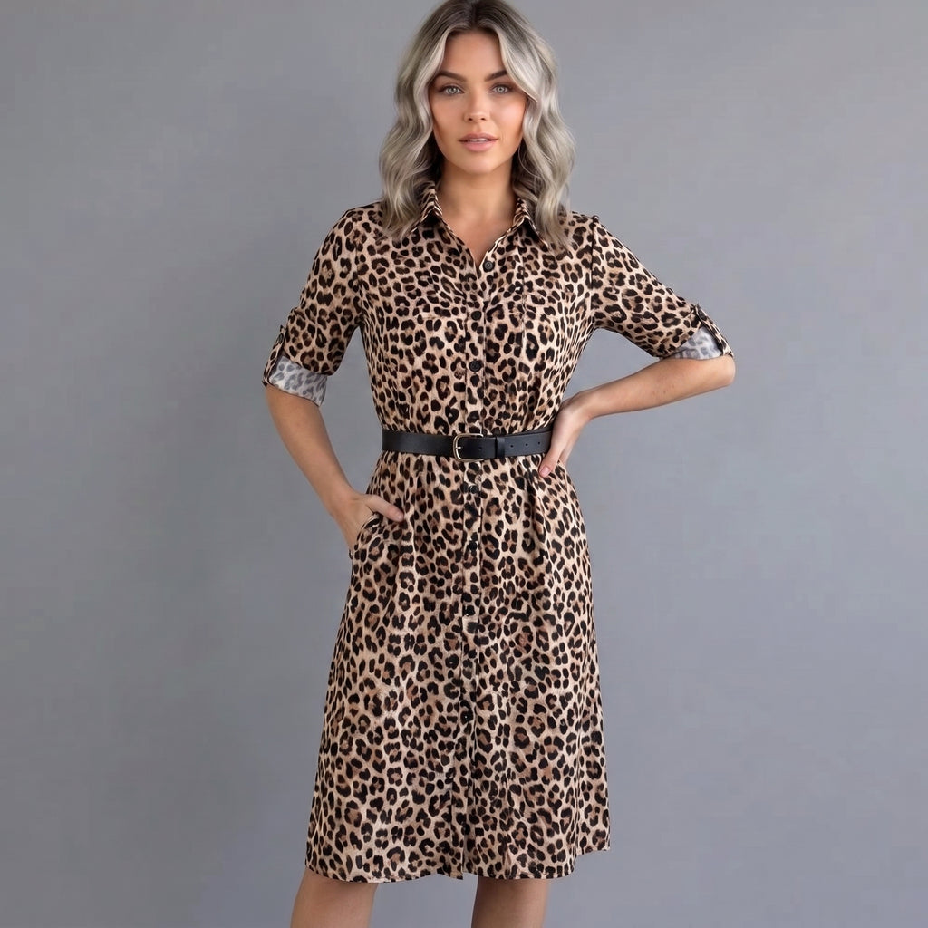 Leona | Leopard Print Belted Shirt Dress