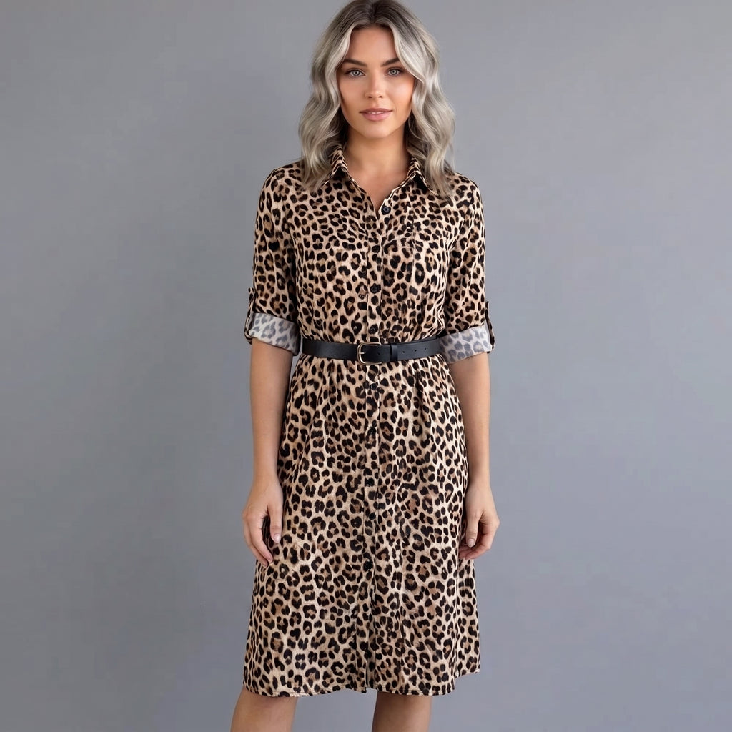Leona | Leopard Print Belted Shirt Dress